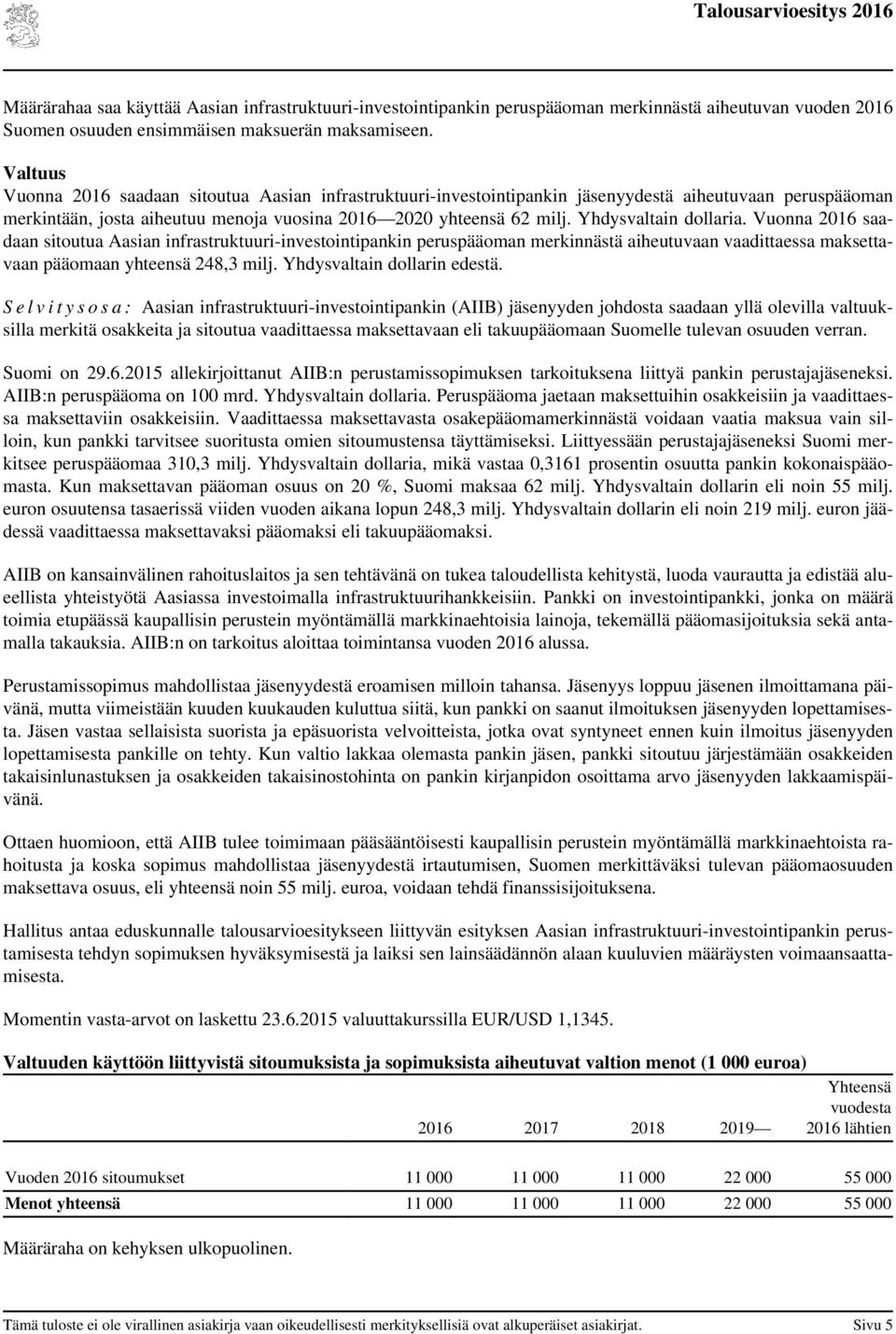 Yhdysvaltain dollaria. Vuonna 2016 saadaan sitoutua Aasian infrastruktuuri-investointipankin peruspääoman merkinnästä aiheutuvaan vaadittaessa maksettavaan pääomaan yhteensä 248,3 milj.