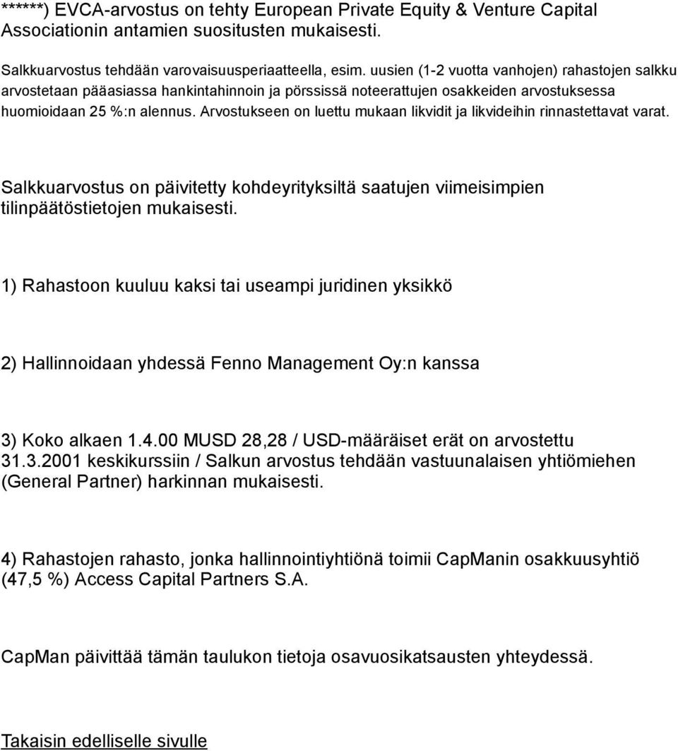 Arvostukseen on luettu mukaan likvidit ja likvideihin rinnastettavat varat. Salkkuarvostus on päivitetty kohdeyrityksiltä saatujen viimeisimpien tilinpäätöstietojen mukaisesti.