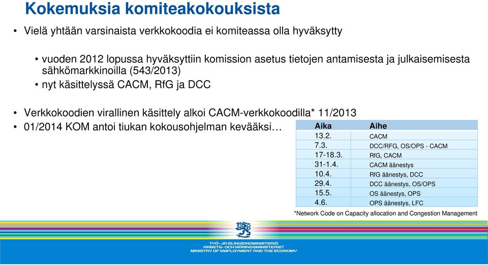 CACM-verkkokoodilla* 11/2013 01/2014 KOM antoi tiukan kokousohjelman kevääksi Aika Aihe 13.2. CACM 7.3. DCC/RFG, OS/OPS - CACM 17-18.3. RfG, CACM 31-1.4. CACM äänestys 10.