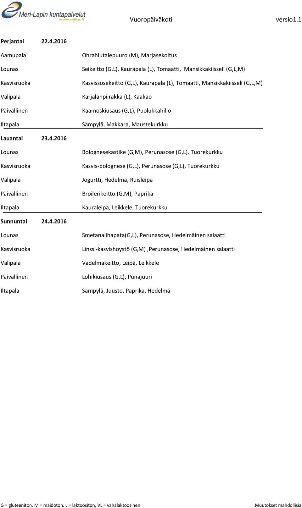 Karjalanpiirakka (L), Kaakao Kaamoskiusaus (G,L), Puolukkahillo Sämpylä, Makkara, Maustekurkku Lauantai 23.4.