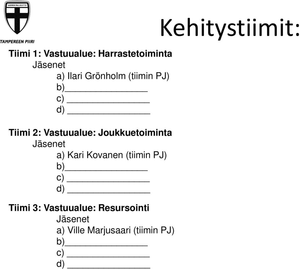 a) Kari Kovanen (tiimin PJ) b) c) d) Tiimi 3: Vastuualue: