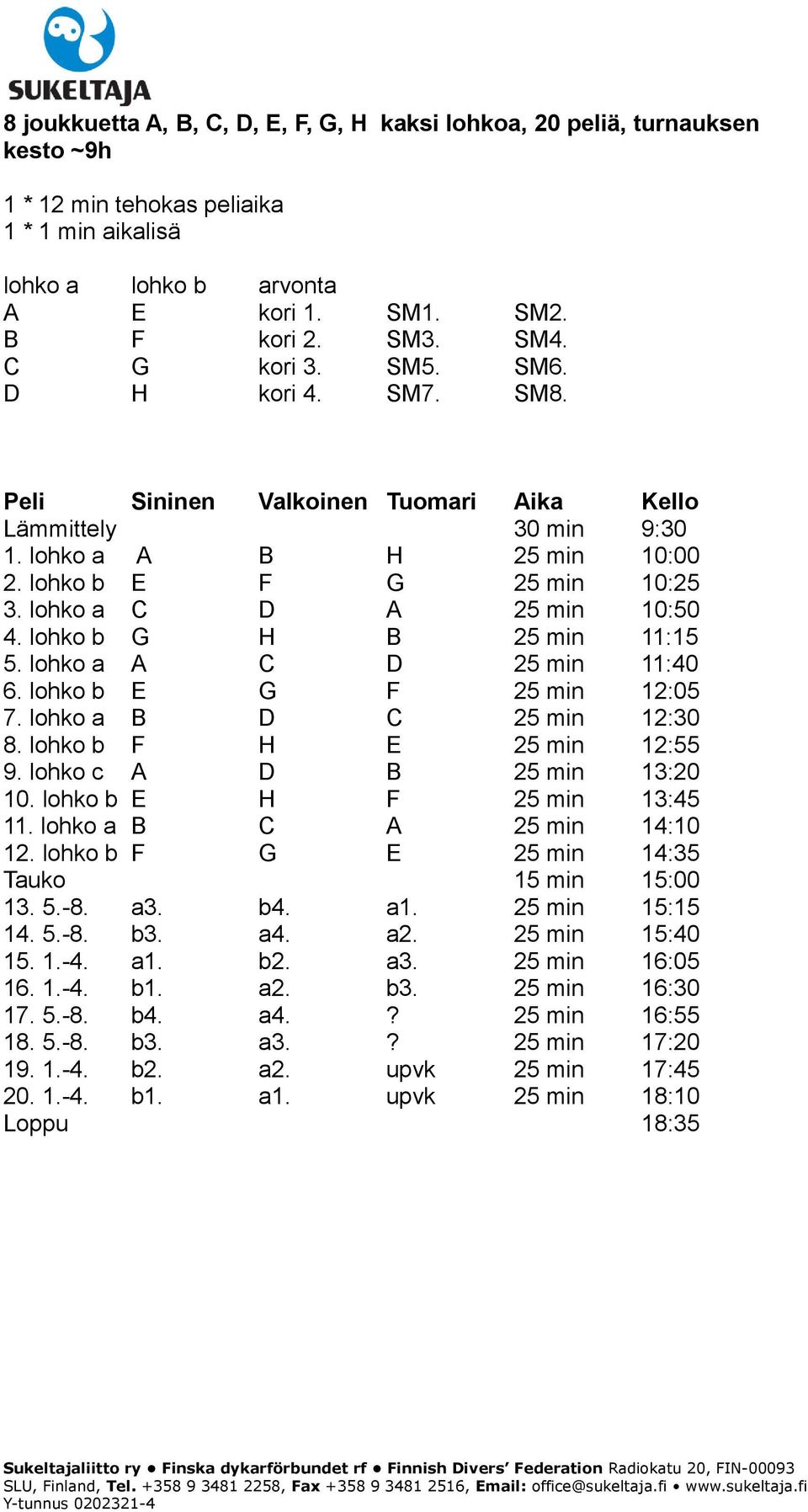 lohko a C D A 25 min 10:50 4. lohko b G H B 25 min 11:15 5. lohko a A C D 25 min 11:40 6. lohko b E G F 25 min 12:05 7. lohko a B D C 25 min 12:30 8. lohko b F H E 25 min 12:55 9.