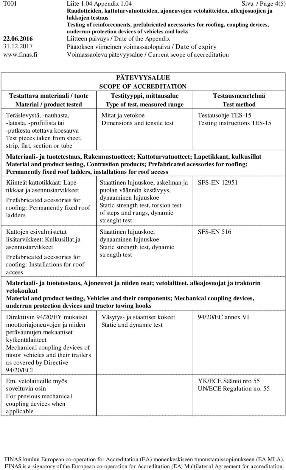 test Testausohje TES-15 Testing instructions TES-15 Materiaali- ja tuotetestaus, Rakennustuotteet; Kattoturvatuotteet; Lapetikkaat, kulkusillat Material and product testing, Contrustion products;