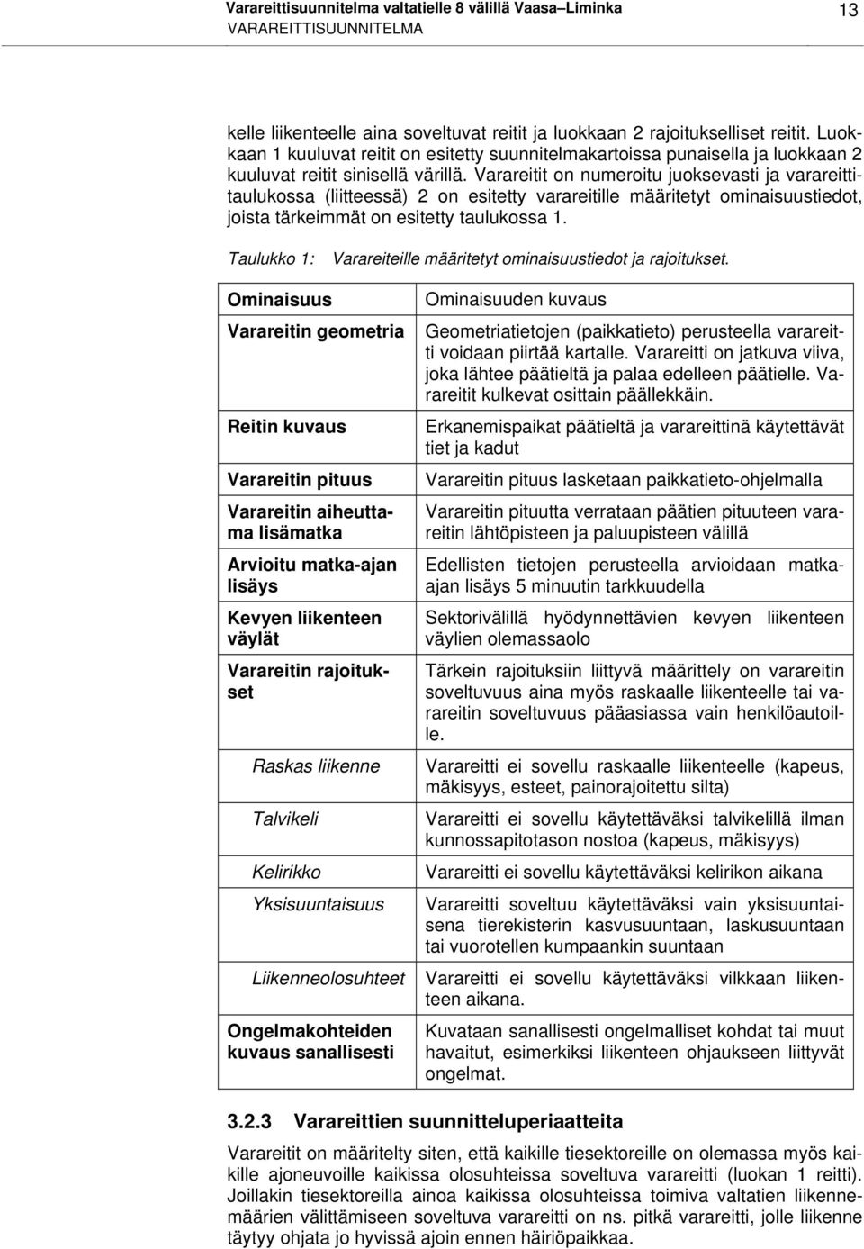 Varareitit on numeroitu juoksevasti ja varareittitaulukossa (liitteessä) 2 on esitetty varareitille määritetyt oaisuustiedot, joista tärkeimmät on esitetty taulukossa 1.