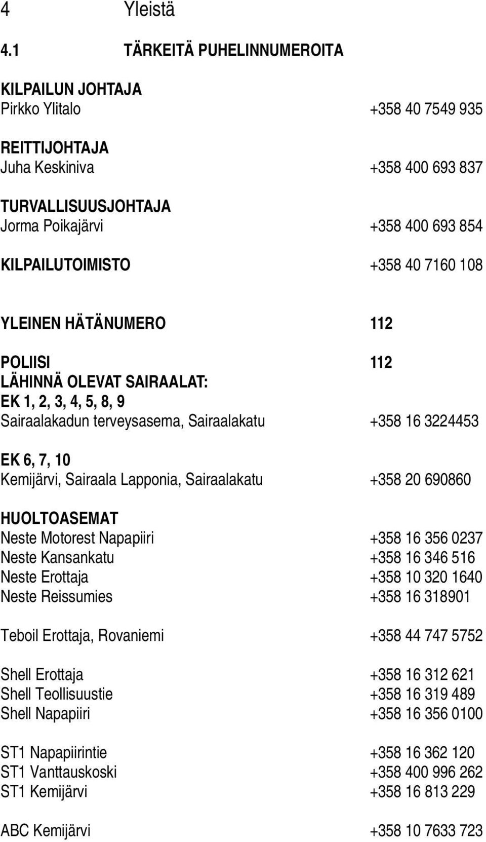 40 7160 108 YLEINEN HÄTÄNUMERO 112 POLIISI 112 LÄHINNÄ OLEVAT SAIRAALAT: EK 1, 2, 3, 4, 5, 8, 9 Sairaalakadun terveysasema, Sairaalakatu +358 16 3224453 EK 6, 7, 10 Kemijärvi, Sairaala Lapponia,