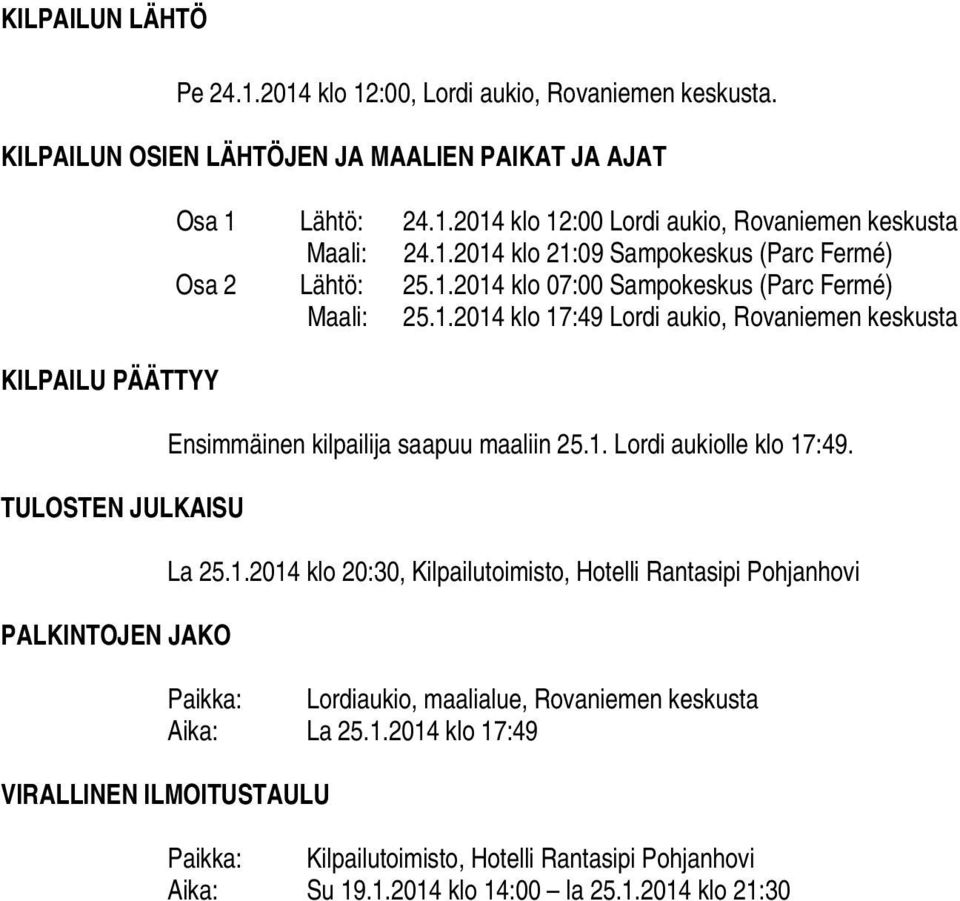 1.2014 klo 07:00 Sampokeskus (Parc Fermé) Maali: 25.1.2014 klo 17:49 Lordi aukio, Rovaniemen keskusta Ensimmäinen kilpailija saapuu maaliin 25.1. Lordi aukiolle klo 17:49. La 25.1.2014 klo 20:30, Kilpailutoimisto, Hotelli Rantasipi Pohjanhovi Paikka: Lordiaukio, maalialue, Rovaniemen keskusta Aika: La 25.