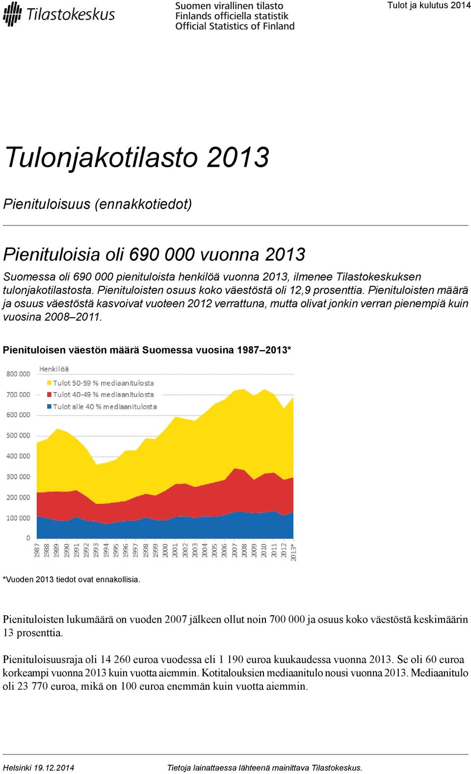 Pienituloisten määrä ja osuus väestöstä kasvoivat vuoteen 2012 verrattuna, mutta olivat jonkin verran pienempiä kuin vuosina 2008 2011.