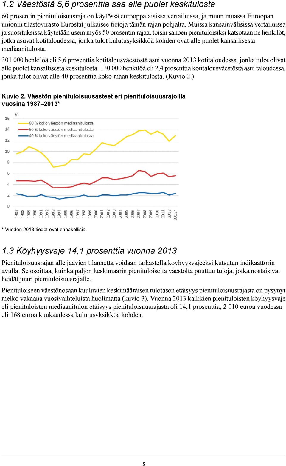 Muissa kansainvälisissä vertailuissa ja suosituksissa käytetään usein myös 50 prosentin rajaa, toisin sanoen pienituloisiksi katsotaan ne henkilöt, jotka asuvat kotitaloudessa, jonka tulot