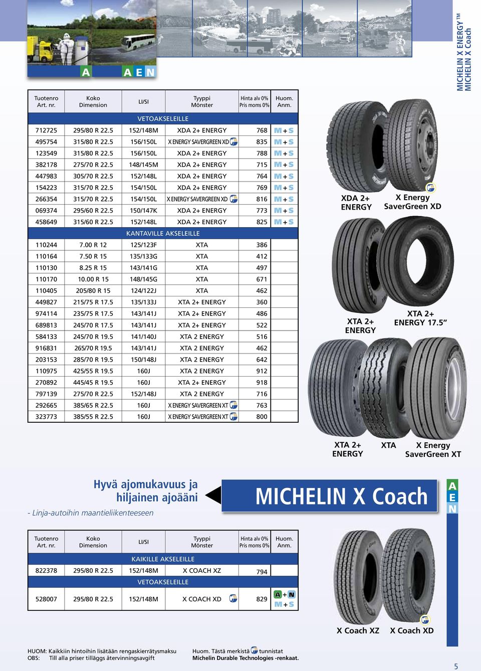 5 148/145M XDA 2+ ENERGY 715 447983 305/70 R 22.5 152/148L XDA 2+ ENERGY 764 154223 315/70 R 22.5 154/150L XDA 2+ ENERGY 769 266354 315/70 R 22.