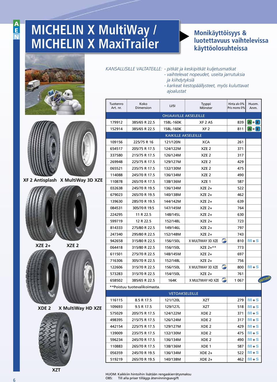 XF 2 Antisplash X MultiWay 3D XZE XZE 2+ XZE 2 XDE 2 X MultiWay HD XZE OHJAAVILLE 179912 385/65 R 22.5 158L-160K XF 2 AS 839 152914 385/65 R 22.