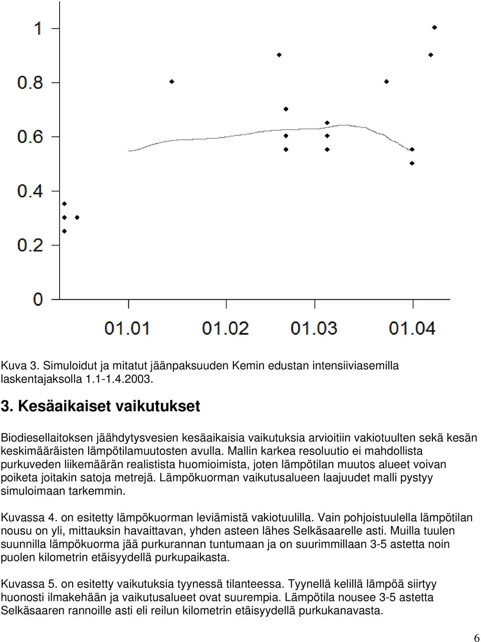 Lämpökuorman vaikutusalueen laajuudet malli pystyy simuloimaan tarkemmin. Kuvassa 4. on esitetty lämpökuorman leviämistä vakiotuulilla.