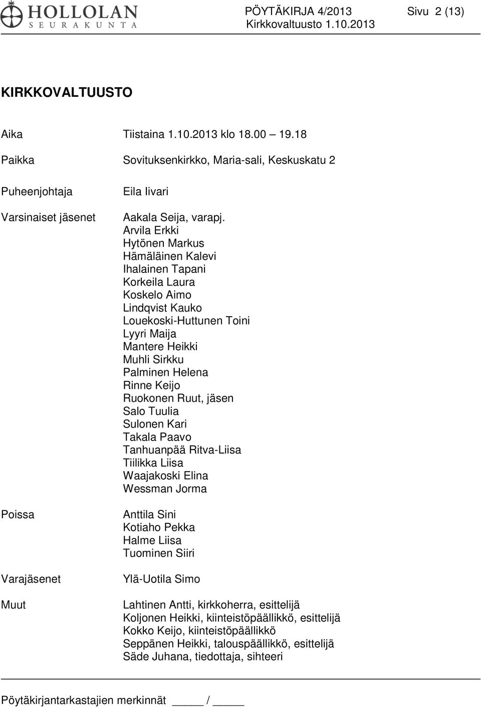 Arvila Erkki Hytönen Markus Hämäläinen Kalevi Ihalainen Tapani Korkeila Laura Koskelo Aimo Lindqvist Kauko Louekoski-Huttunen Toini Lyyri Maija Mantere Heikki Muhli Sirkku Palminen Helena Rinne Keijo