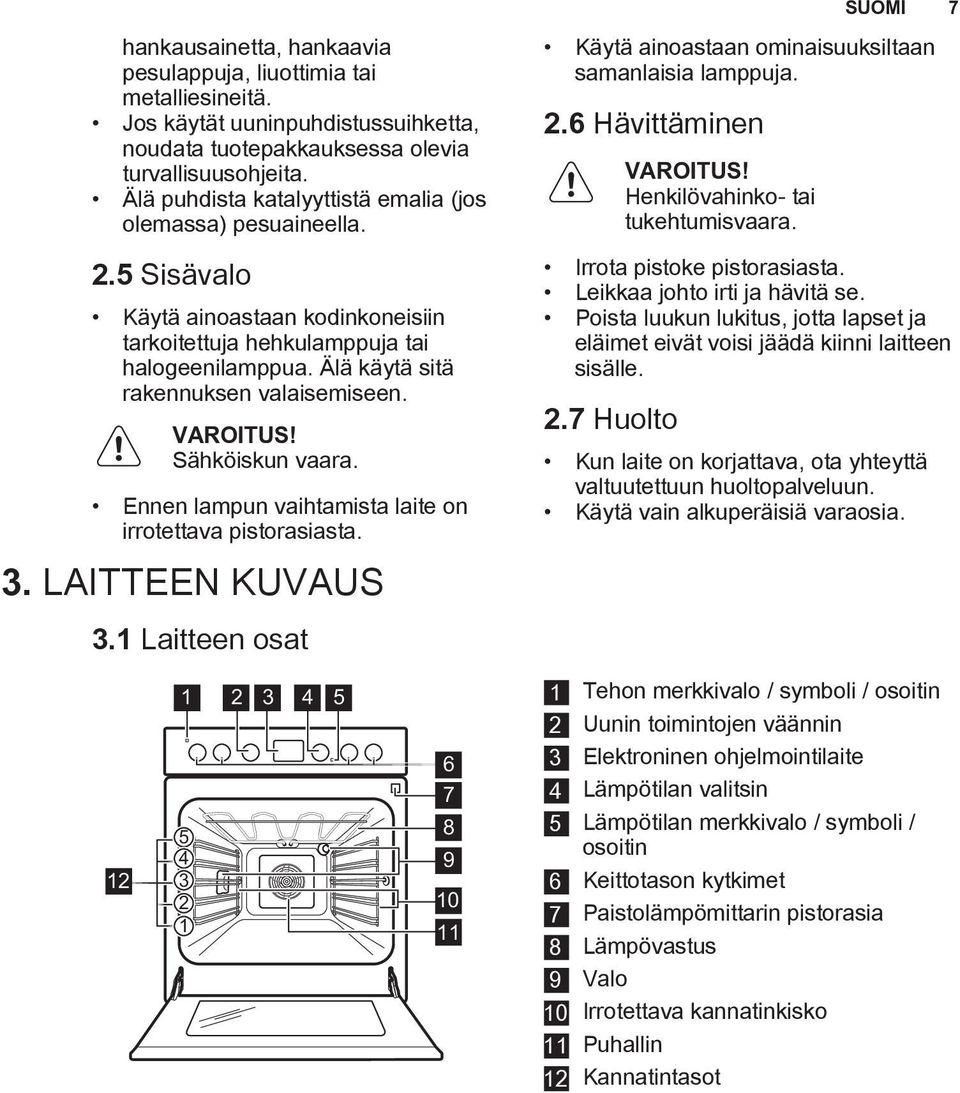 Sähköiskun vaara. Ennen lampun vaihtamista laite on irrotettava pistorasiasta. Käytä ainoastaan ominaisuuksiltaan samanlaisia lamppuja. 2.6 Hävittäminen Henkilövahinko- tai tukehtumisvaara.