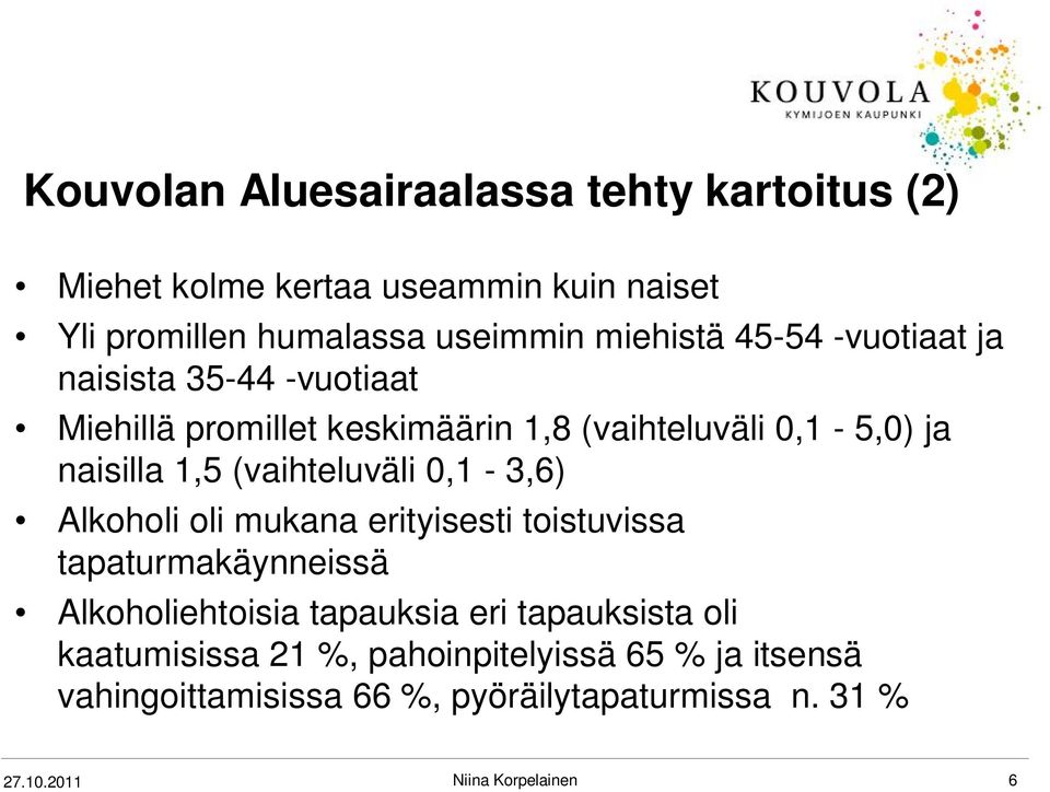 (vaihteluväli 0,1-3,6) Alkoholi oli mukana erityisesti toistuvissa tapaturmakäynneissä Alkoholiehtoisia tapauksia eri