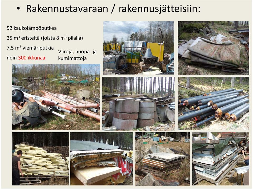 8 m 3 pilalla) 7,5 m 3 viemäriputkia noin
