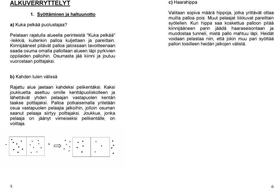 c) Haarahippa Valitaan sopiva määrä hippoja, jotka yrittävät ottaa muilta palloa pois. Muut pelaajat liikkuvat pareittain syötellen.