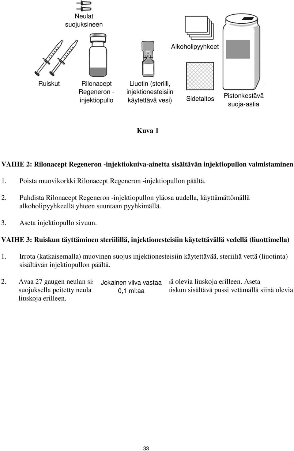 Puhdista Rilonacept Regeneron -injektiopullon yläosa uudella, käyttämättömällä alkoholipyyhkeellä yhteen suuntaan pyyhkimällä. 3. Aseta injektiopullo sivuun.