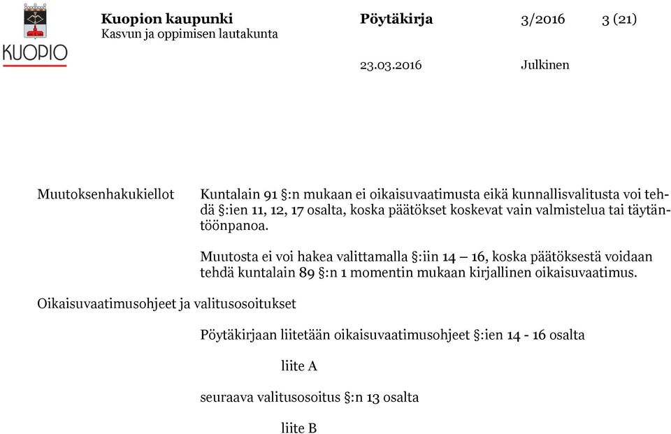 Oikaisuvaatimusohjeet ja valitusosoitukset Muutosta ei voi hakea valittamalla :iin 14 16, koska päätöksestä voidaan tehdä kuntalain 89