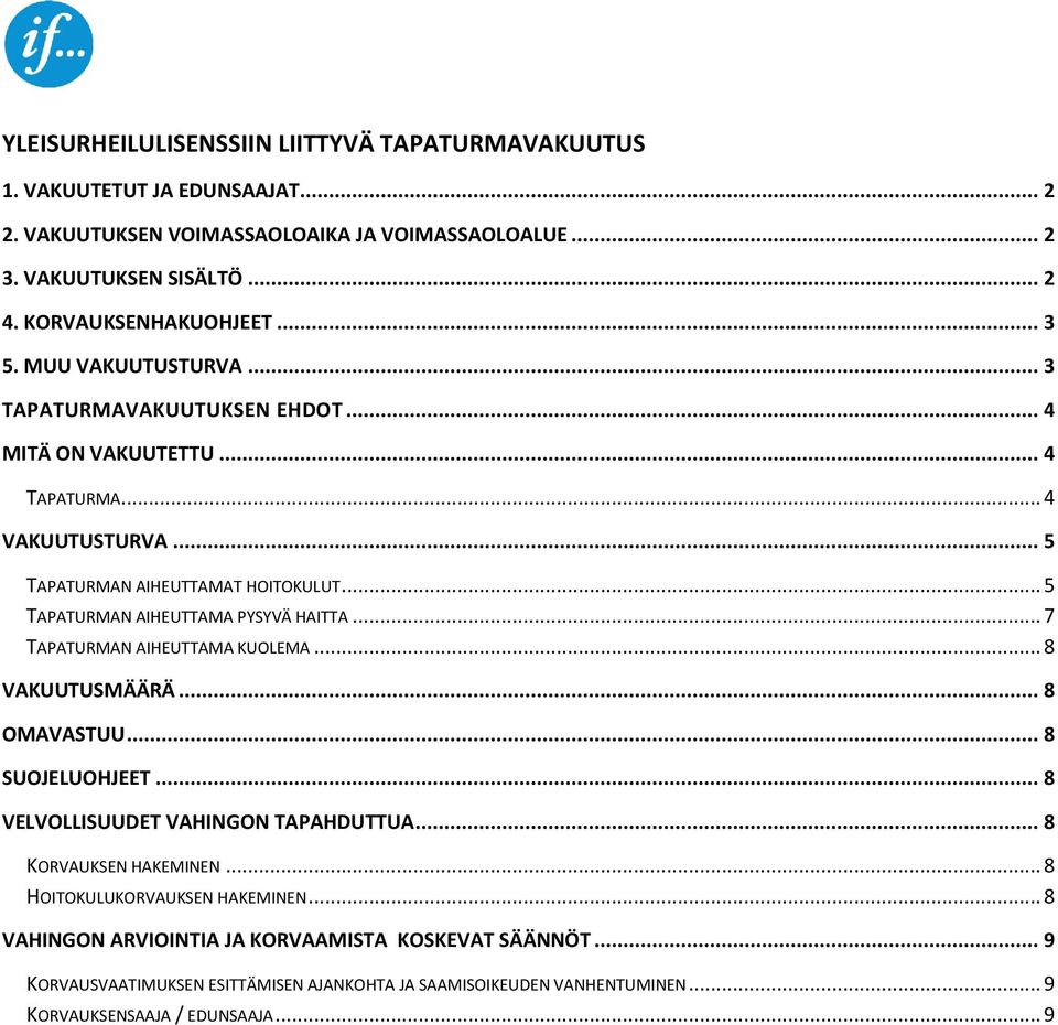 .. 5 TAPATURMAN AIHEUTTAMA PYSYVÄ HAITTA... 7 TAPATURMAN AIHEUTTAMA KUOLEMA... 8 VAKUUTUSMÄÄRÄ... 8 OMAVASTUU... 8 SUOJELUOHJEET... 8 VELVOLLISUUDET VAHINGON TAPAHDUTTUA.