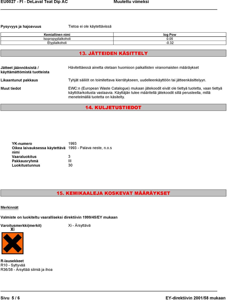 toimitettava kierrätykseen, uudelleenkäyttöön tai jätteenkäsittelyyn. EWC:n (European Waste Catalogue) mukaan jätekoodit eivät ole tiettyä tuotetta, vaan tiettyä käyttötarkoitusta vastaavia.