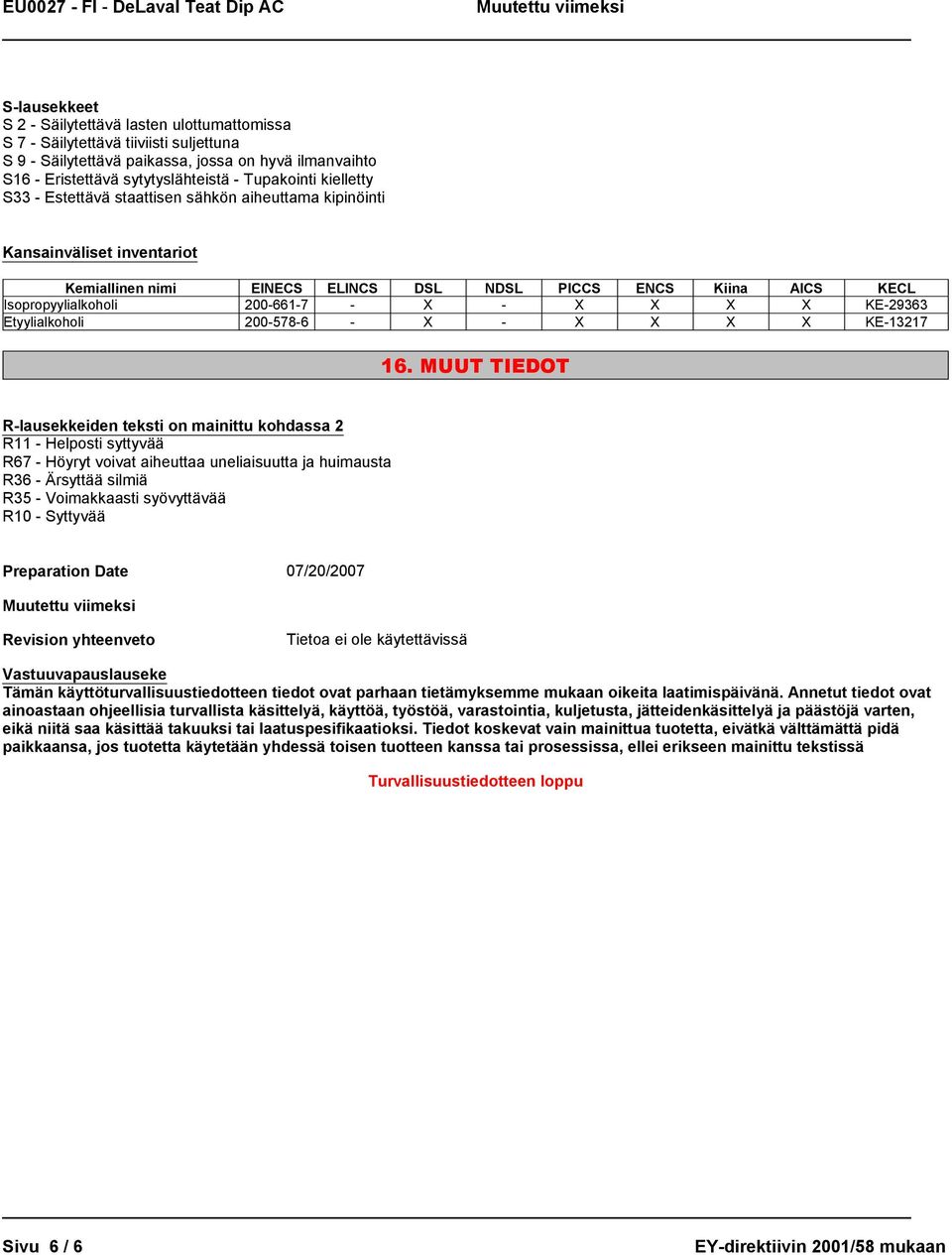 X X KE-29363 Etyylialkoholi 200-578-6 - X - X X X X KE-13217 16.
