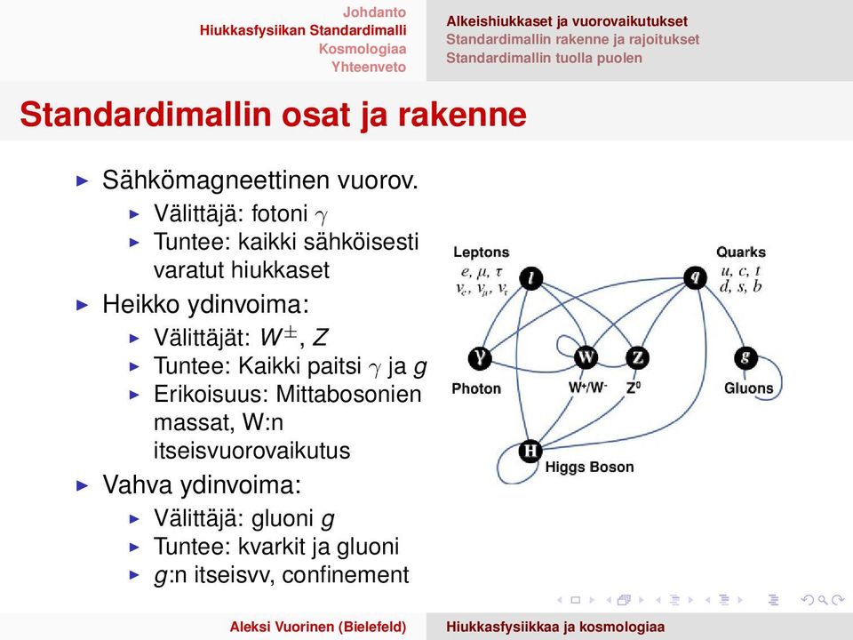 Kaikki paitsi γ ja g Erikoisuus: Mittabosonien massat, W:n itseisvuorovaikutus Vahva ydinvoima: Välittäjä: