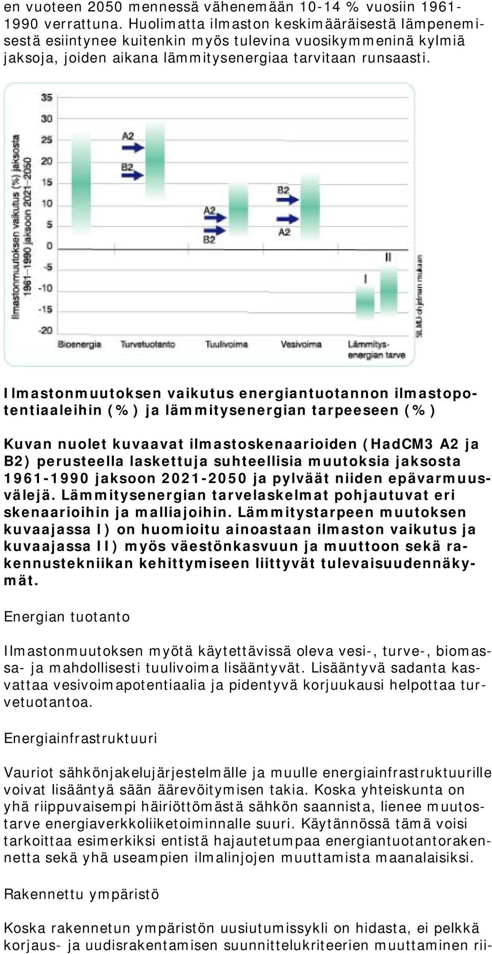 Ilmastonmuutoksen vaikutus energiantuotannon ilmastopotentiaaleihin (%) ja lämmitysenergian tarpeeseen (%) Kuvan nuolet kuvaavat ilmastoskenaarioiden (HadCM3 A2 ja B2) perusteella laskettuja