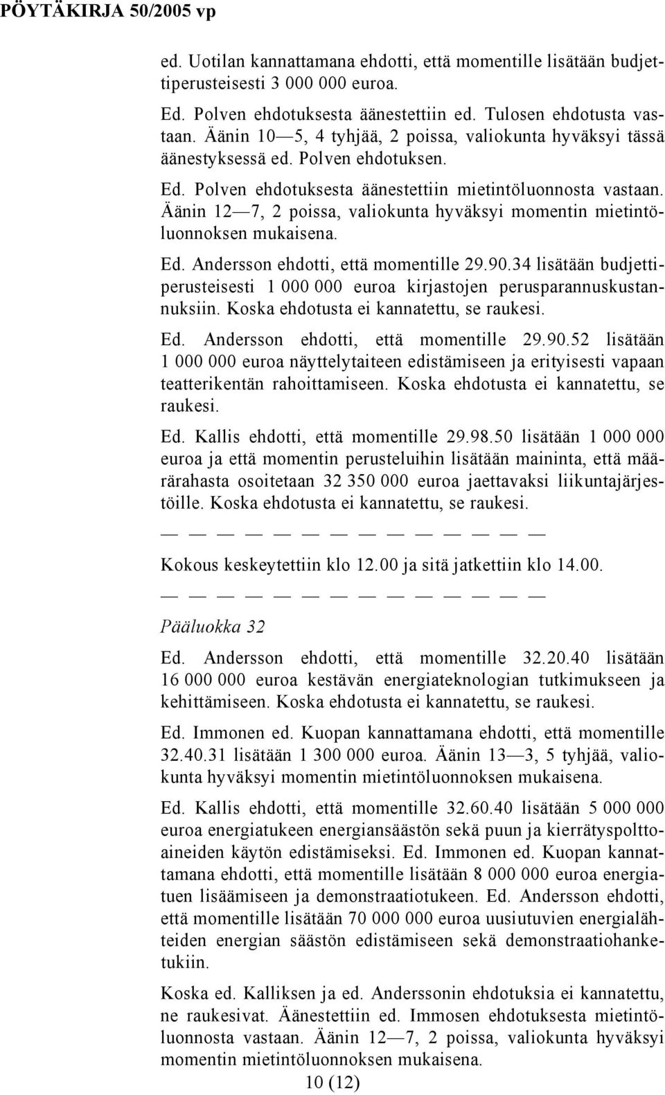 Äänin 12 7, 2 poissa, valiokunta hyväksyi momentin mietintöluonnoksen Ed. Andersson ehdotti, että momentille 29.90.