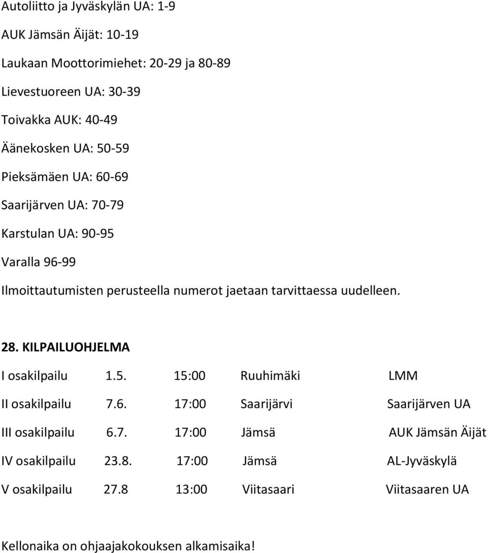 uudelleen. 28. KILPAILUOHJELMA I osakilpailu 1.5. 15:00 Ruuhimäki LMM II osakilpailu 7.6. 17:00 Saarijärvi Saarijärven UA III osakilpailu 6.7. 17:00 Jämsä AUK Jämsän Äijät IV osakilpailu 23.