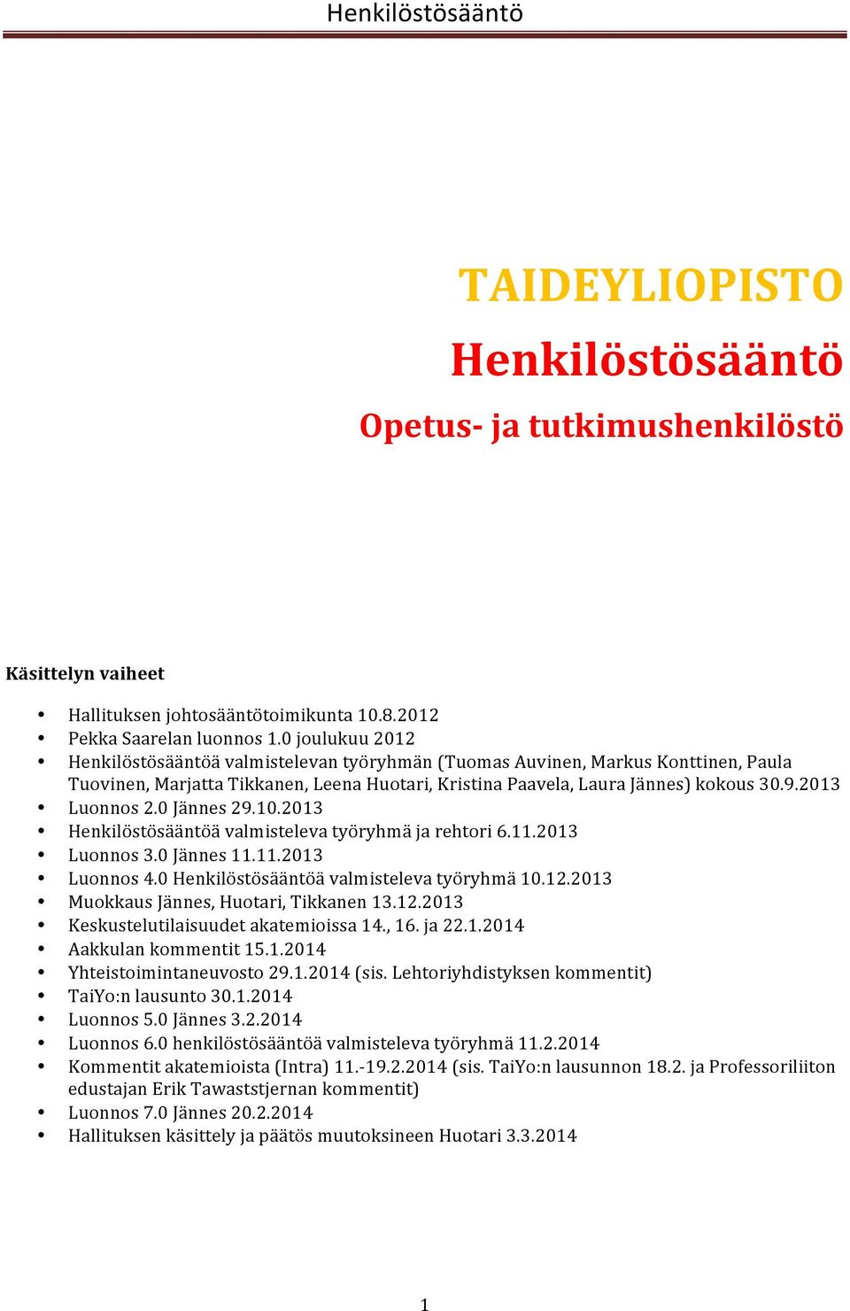 2013 Luonnos 2.0 Jännes 29.10.2013 Henkilöstösääntöä valmisteleva työryhmä ja rehtori 6.11.2013 Luonnos 3.0 Jännes 11.11.2013 Luonnos 4.0 Henkilöstösääntöä valmisteleva työryhmä 10.12.