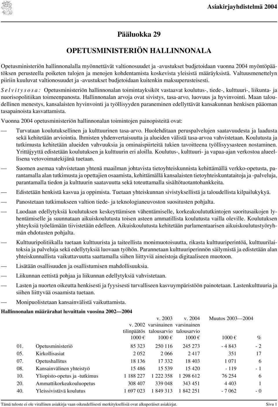 S e l v i t y s o s a : Opetusministeriön hallinnonalan toimintayksiköt vastaavat koulutus-, tiede-, kulttuuri-, liikunta- ja nuorisopolitiikan toimeenpanosta.