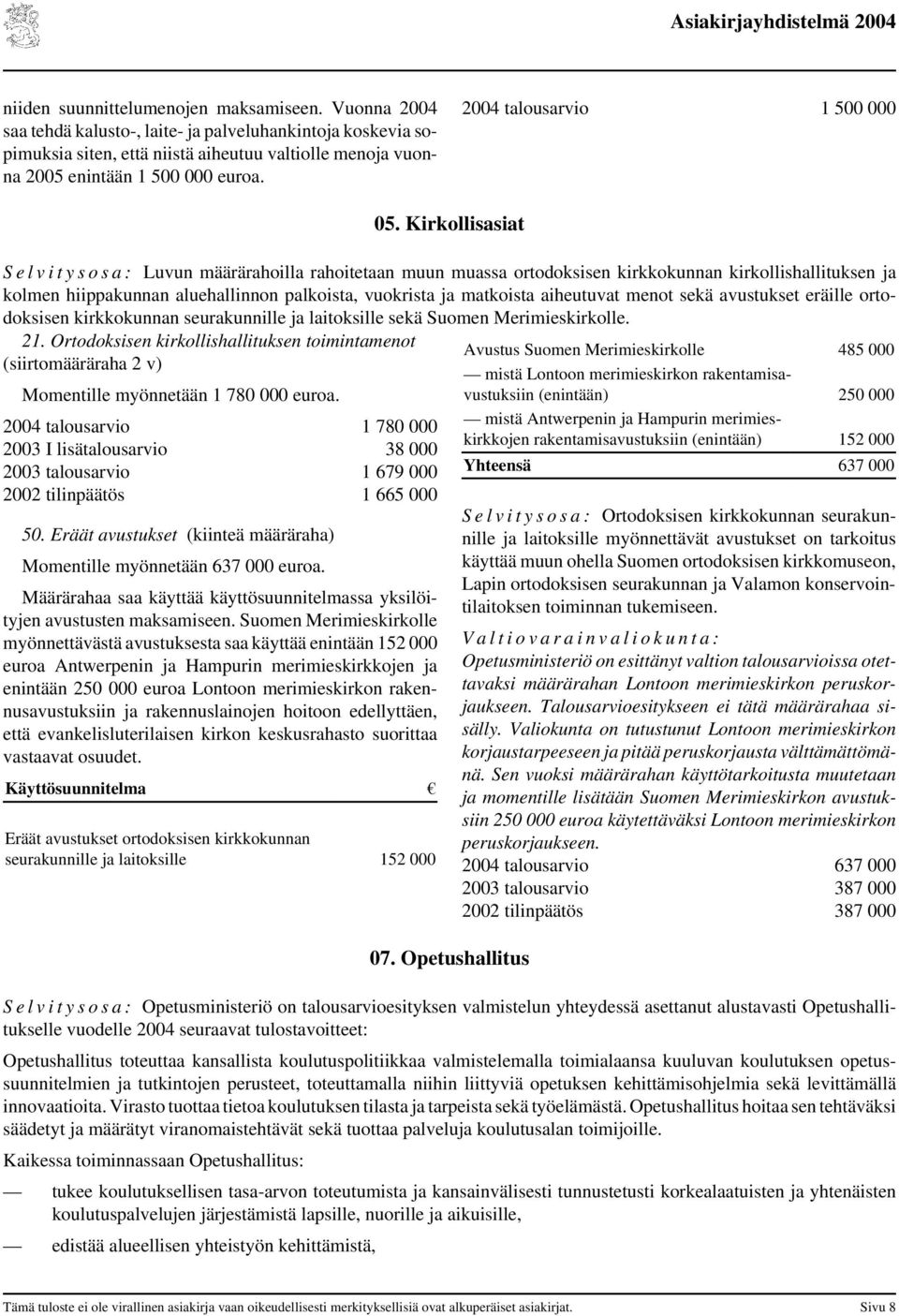 Kirkollisasiat S e l v i t y s o s a : Luvun määrärahoilla rahoitetaan muun muassa ortodoksisen kirkkokunnan kirkollishallituksen ja kolmen hiippakunnan aluehallinnon palkoista, vuokrista ja