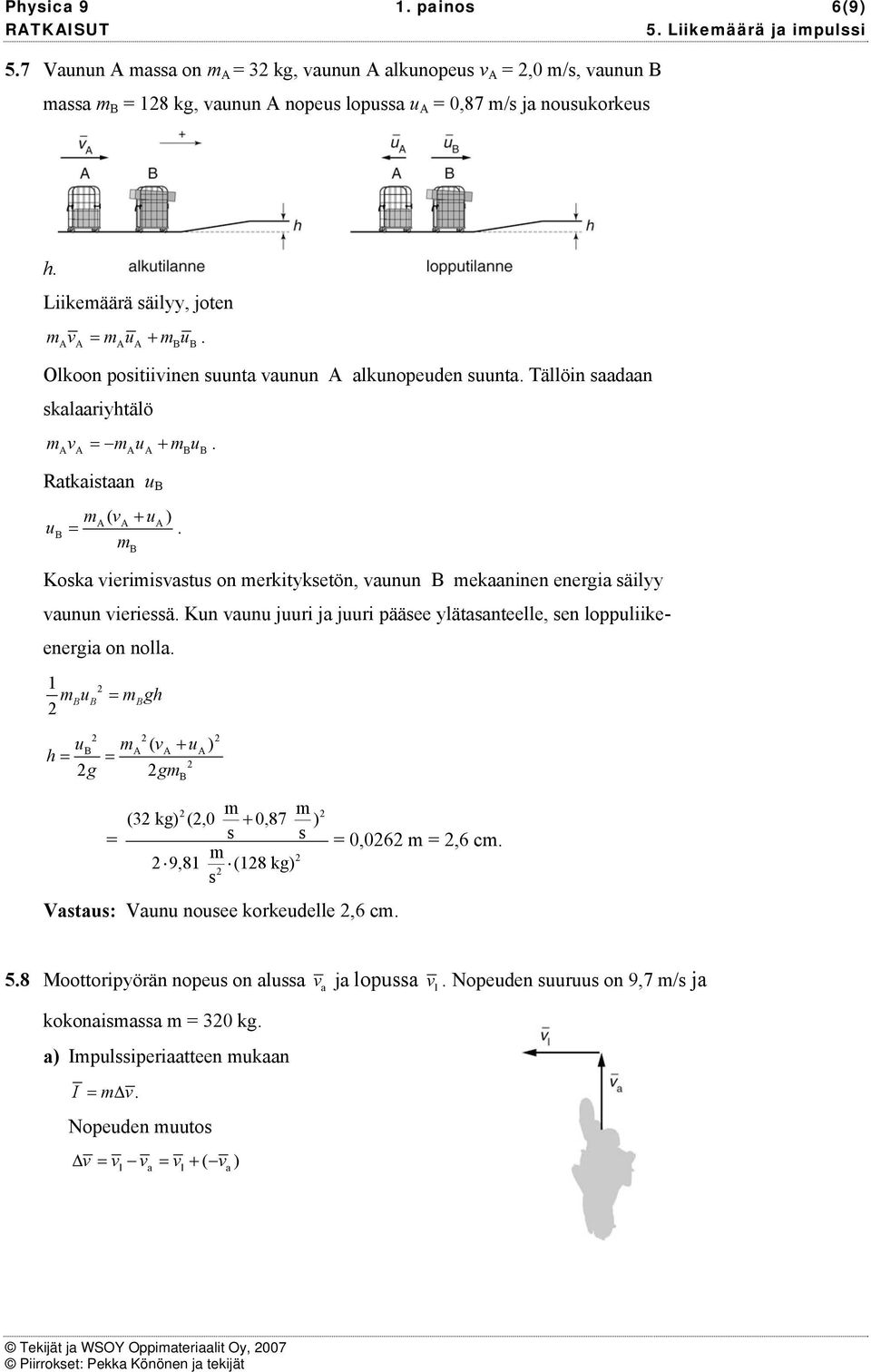 Kun aunu juuri ja juuri pääee ylätaanteelle, en loppuliikeenergia on nolla. 1 u gh B B B u ( + u ) h B A g gb (3 kg) (,0 + 0,87 ) 9,81 (18 kg) Vatau: Vaunu nouee korkeudelle,6 c. 0,06,6 c. 5.