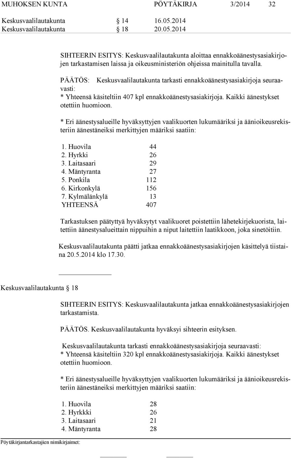 2014 Keskusvaalilautakunta 18 SIHTEERIN ESITYS: Keskusvaalilautakunta aloittaa ennakkoäänestysasiakirjojen tarkastamisen laissa ja oikeusministeriön ohjeissa mainitulla tavalla.