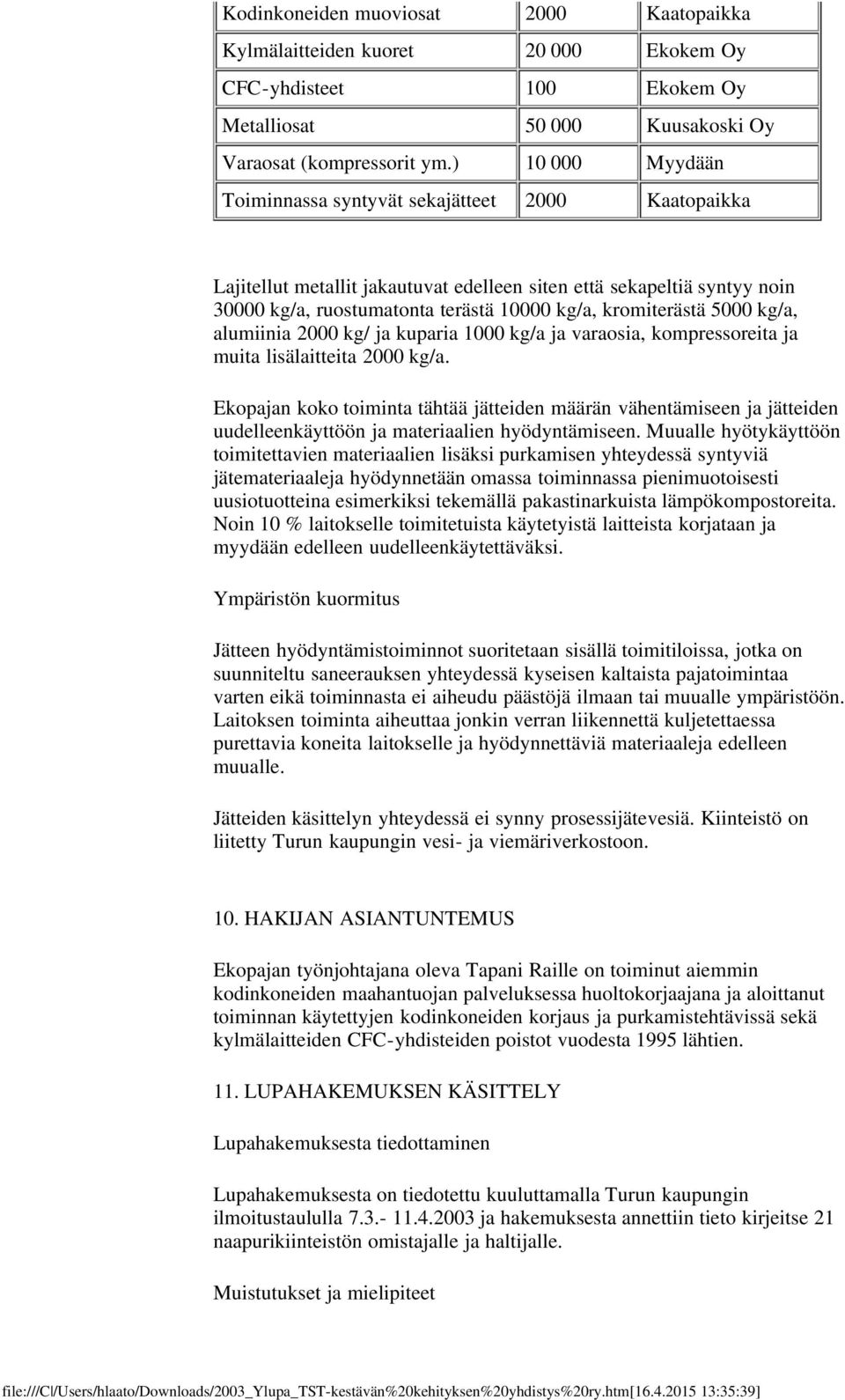 5000 kg/a, alumiinia 2000 kg/ ja kuparia 1000 kg/a ja varaosia, kompressoreita ja muita lisälaitteita 2000 kg/a.