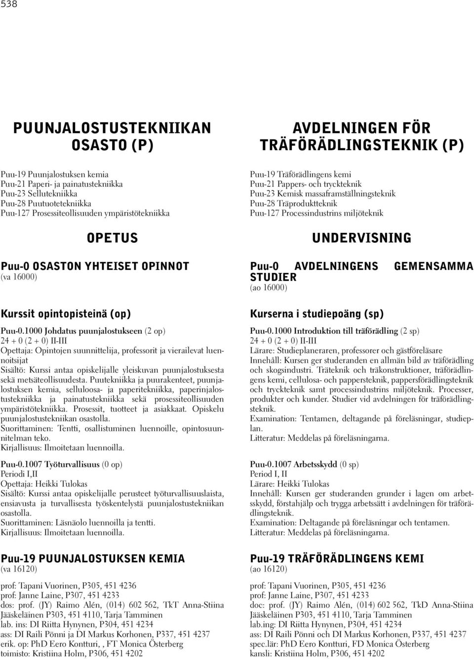1000 Johdatus puunjalostukseen (2 op) 24 + 0 (2 + 0) II-III Opettaja: Opintojen suunnittelija, professorit ja vierailevat luennoitsijat Sisältö: Kurssi antaa opiskelijalle yleiskuvan