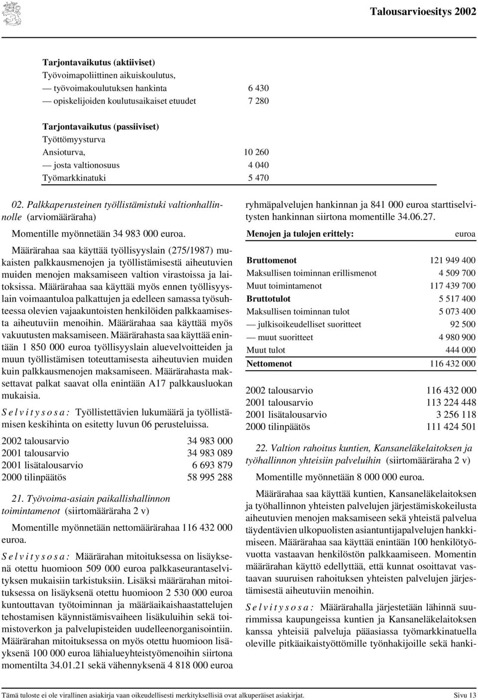 Määrärahaa saa käyttää työllisyyslain (275/1987) mukaisten palkkausmenojen ja työllistämisestä aiheutuvien muiden menojen maksamiseen valtion virastoissa ja laitoksissa.