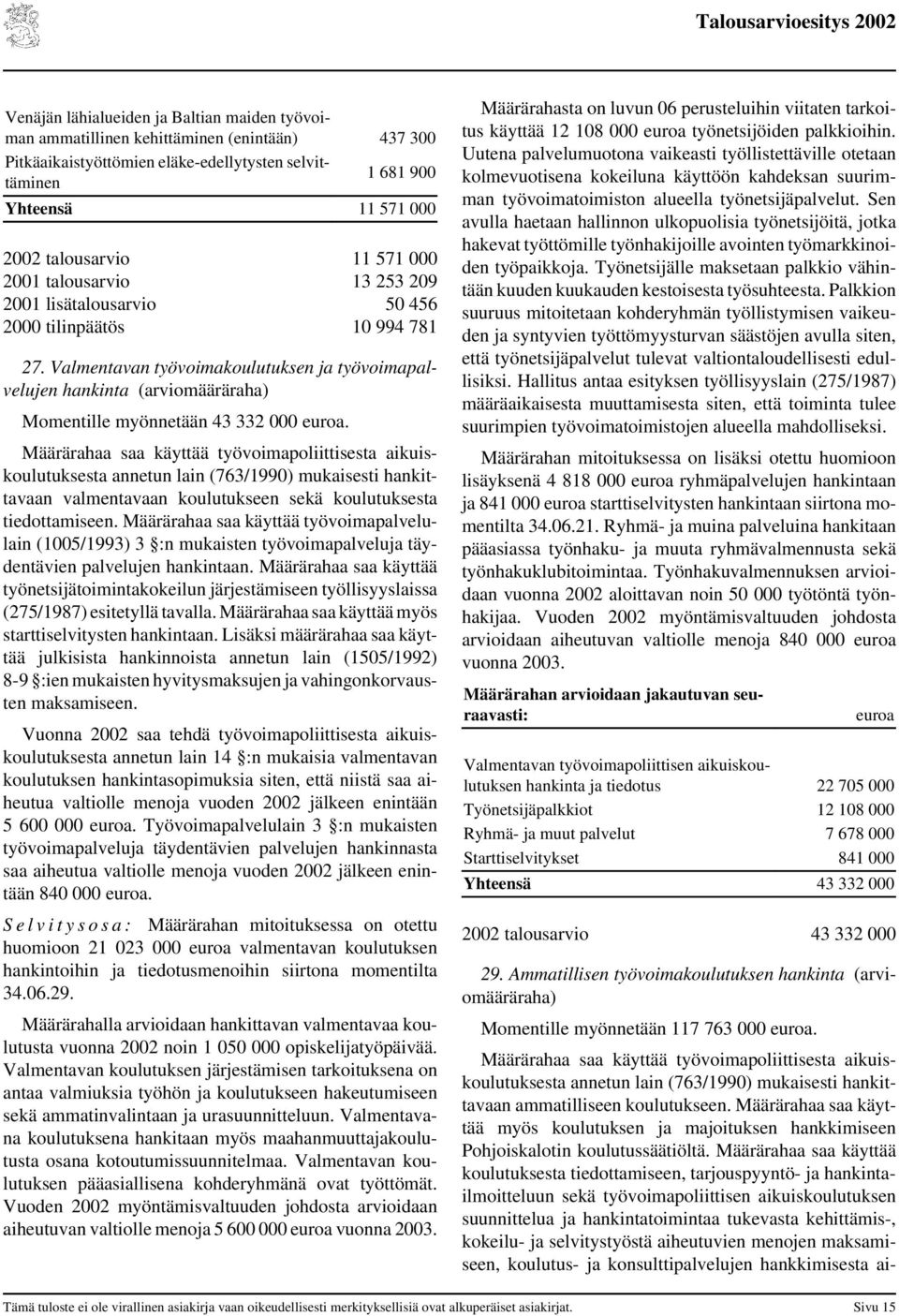 Valmentavan työvoimakoulutuksen ja työvoimapalvelujen hankinta (arviomääräraha) Momentille myönnetään 43 332 000 euroa.