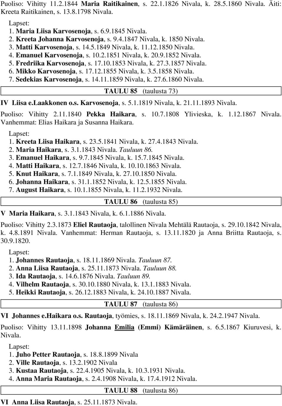 27.3.1857 Nivala. 6. Mikko Karvosenoja, s. 17.12.1855 Nivala, k. 3.5.1858 Nivala. 7. Sedekias Karvosenoja, s. 14.11.1859 Nivala, k. 27.6.1860 Nivala. TAULU 85 (taulusta 73) IV Liisa e.laakkonen o.s. Karvosenoja, s. 5.
