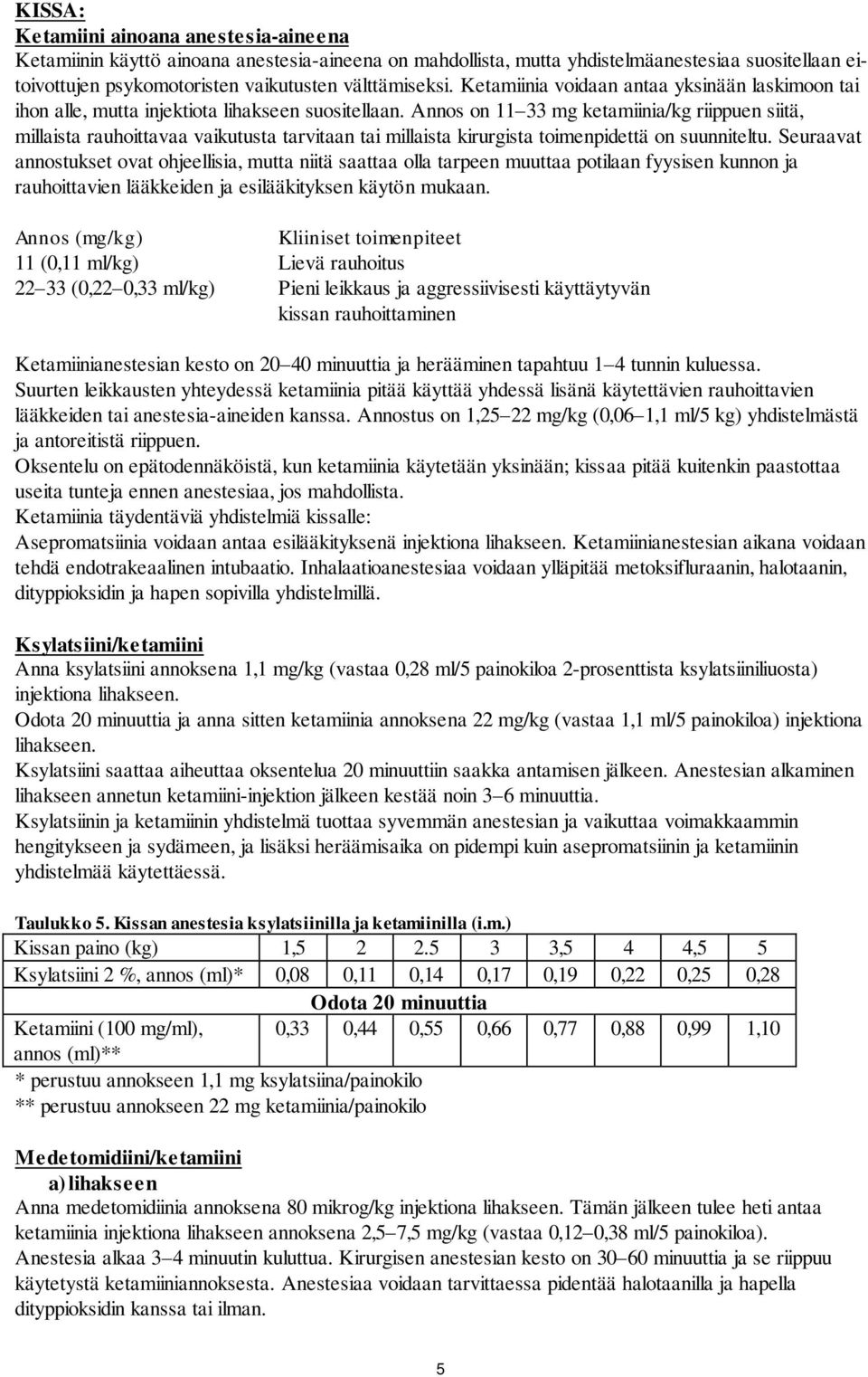 Annos on 11 33 mg ketamiinia/kg riippuen siitä, millaista rauhoittavaa vaikutusta tarvitaan tai millaista kirurgista toimenpidettä on suunniteltu.