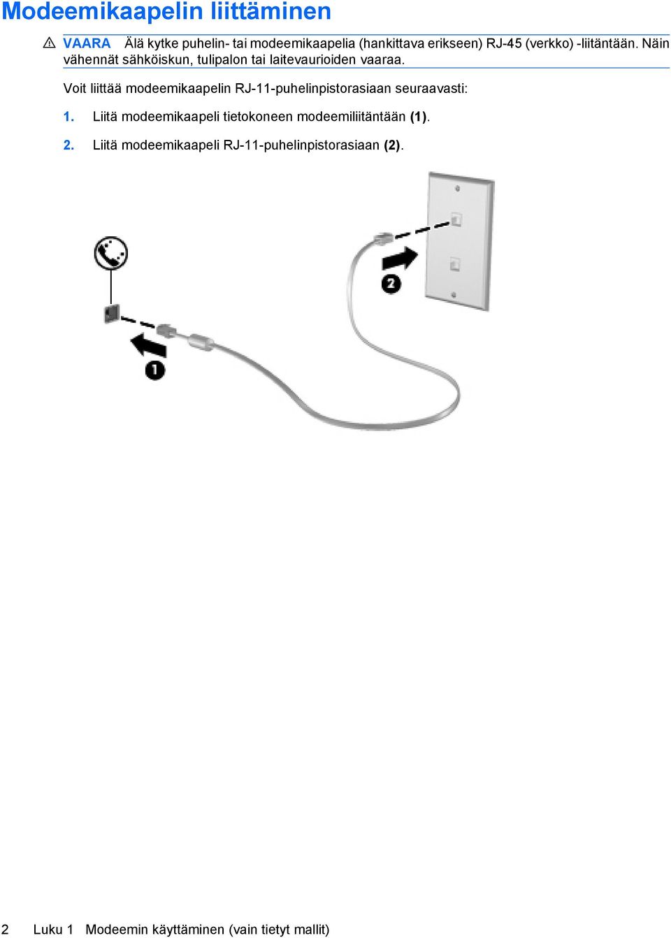 Voit liittää modeemikaapelin RJ-11-puhelinpistorasiaan seuraavasti: 1.