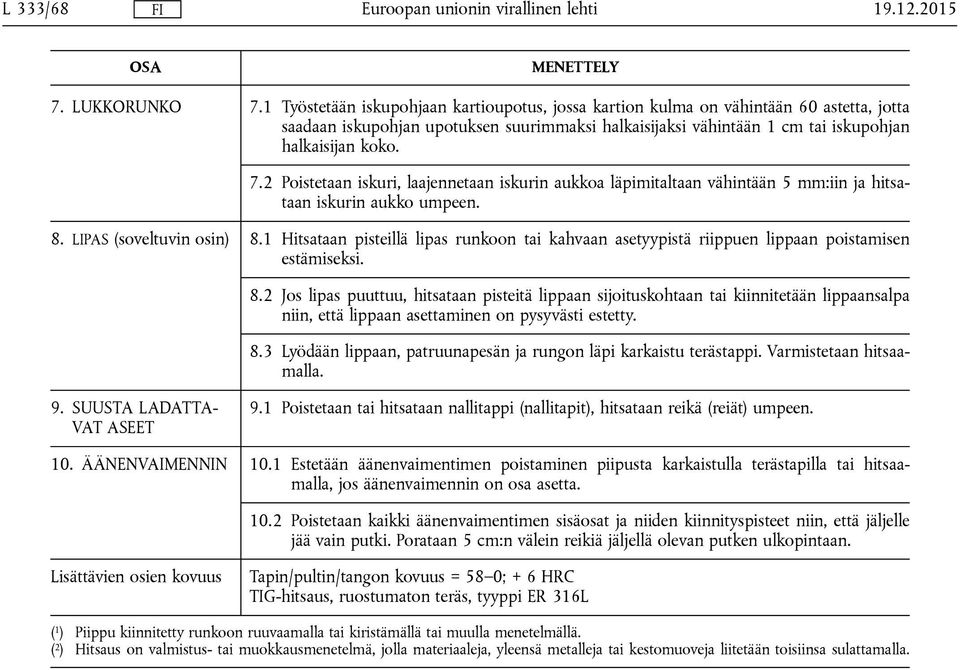 2 Poistetaan iskuri, laajennetaan iskurin aukkoa läpimitaltaan vähintään 5 mm:iin ja hitsataan iskurin aukko umpeen. 8. LIPAS (soveltuvin osin) 8.