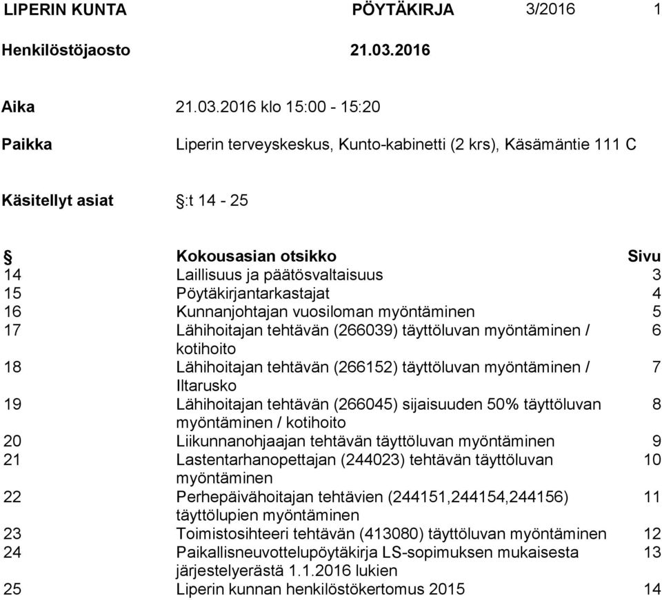 2016 klo 15:00-15:20 Paikka Liperin terveyskeskus, Kunto-kabinetti (2 krs), Käsämäntie 111 C Käsitellyt asiat :t 14-25 Kokousasian otsikko Sivu 14 Laillisuus ja päätösvaltaisuus 3 15