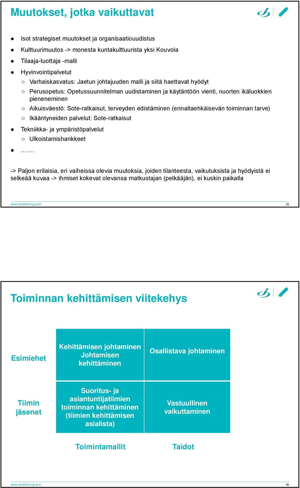 edistäminen (ennaltaehkäisevän toiminnan tarve) Ikääntyneiden palvelut: Sote-ratkaisut Tekniikka- ja ympäristöpalvelut Ulkoistamishankkeet.