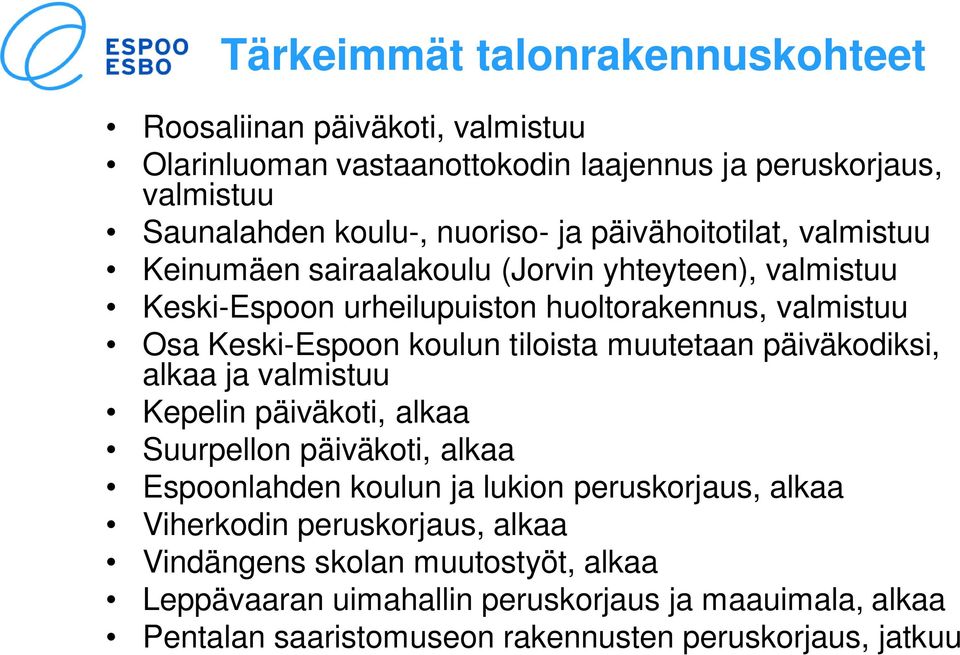 tiloista muutetaan päiväkodiksi, alkaa ja valmistuu Kepelin päiväkoti, alkaa Suurpellon päiväkoti, alkaa Espoonlahden koulun ja lukion peruskorjaus, alkaa