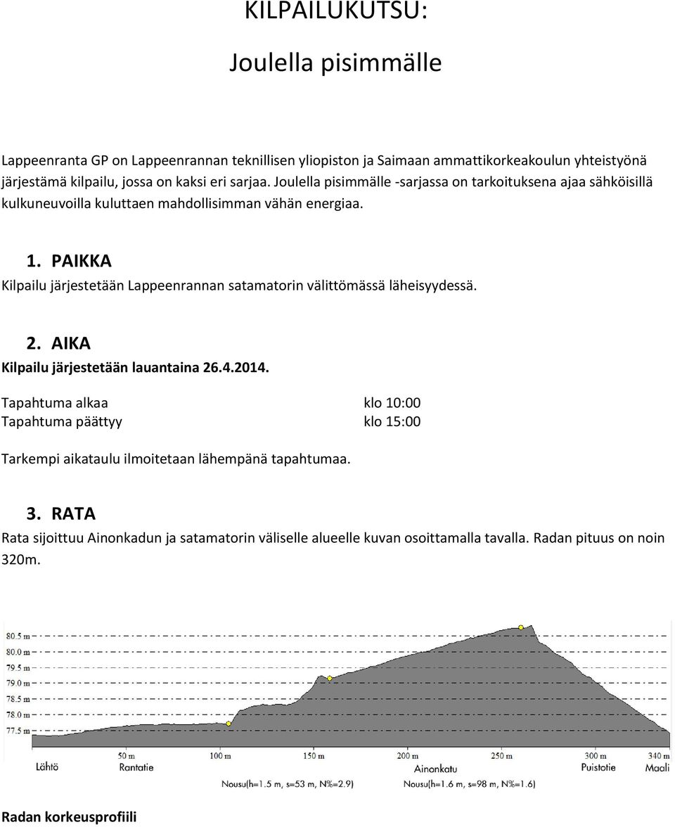PAIKKA Kilpailu järjestetään Lappeenrannan satamatorin välittömässä läheisyydessä. 2. AIKA Kilpailu järjestetään lauantaina 26.4.2014.