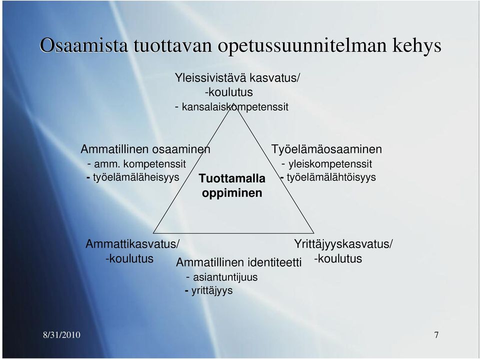 kompetenssit - työelämäläheisyys Tuottamalla oppiminen Työelämäosaaminen - yleiskompetenssit