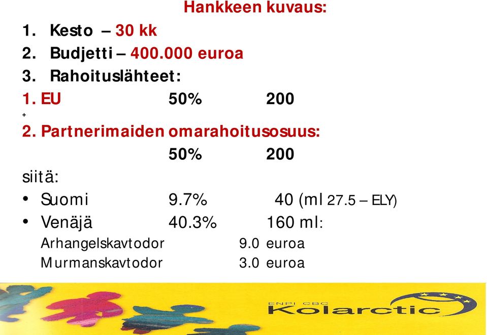 Partnerimaiden omarahoitusosuus: 50% 200 siitä: Suomi 9.