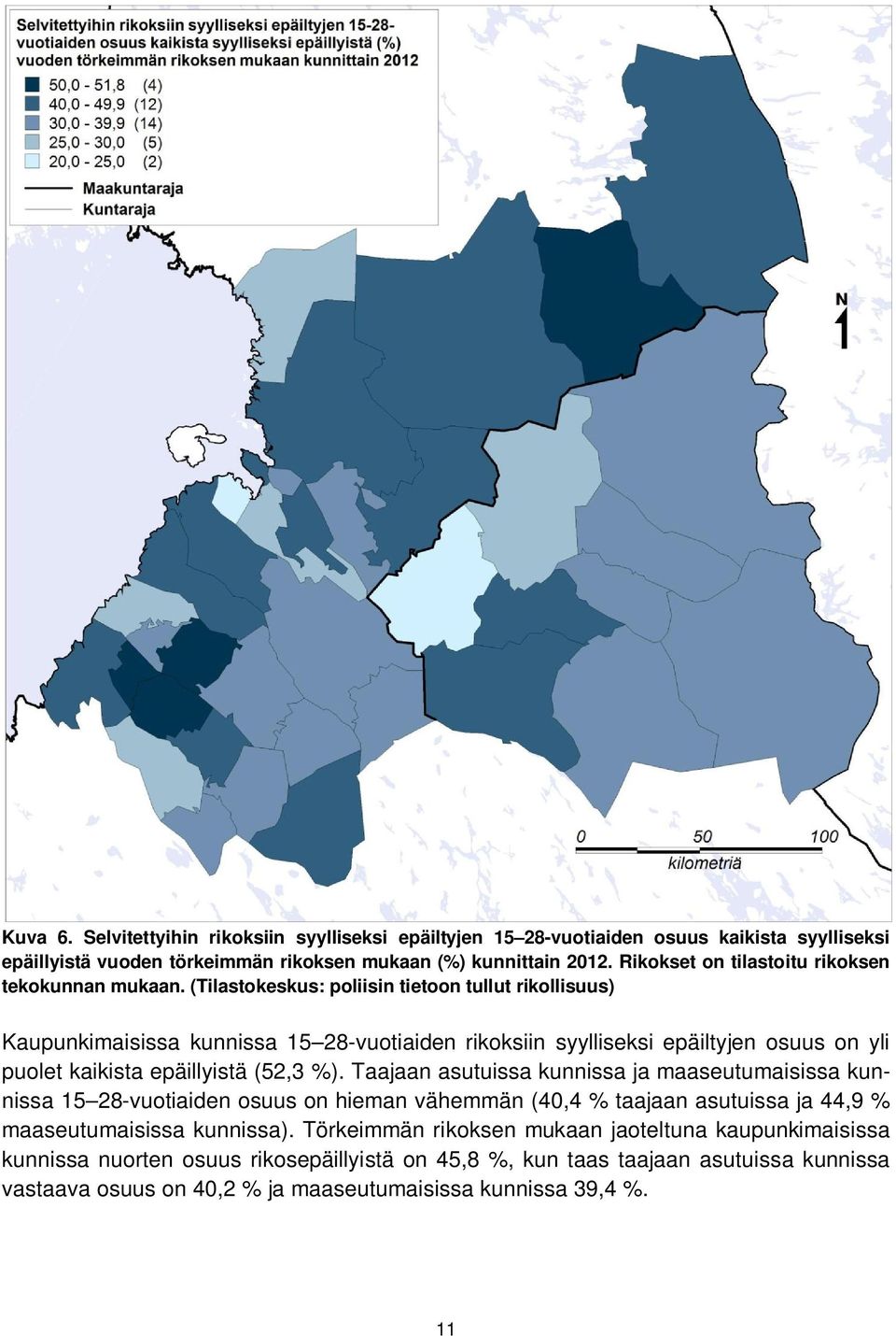 (Tilastokeskus: poliisin tietoon tullut rikollisuus) Kaupunkimaisissa kunnissa 15 28-vuotiaiden rikoksiin syylliseksi epäiltyjen osuus on yli puolet kaikista epäillyistä (52,3 %).