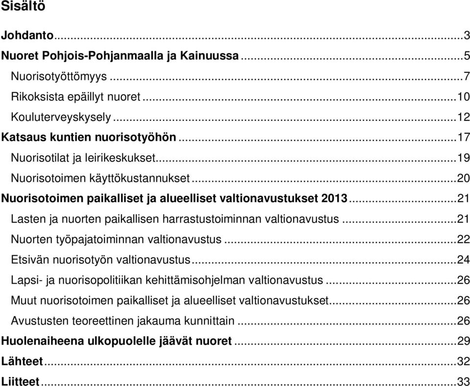.. 21 Lasten ja nuorten paikallisen harrastustoiminnan valtionavustus... 21 Nuorten työpajatoiminnan valtionavustus... 22 Etsivän nuorisotyön valtionavustus.